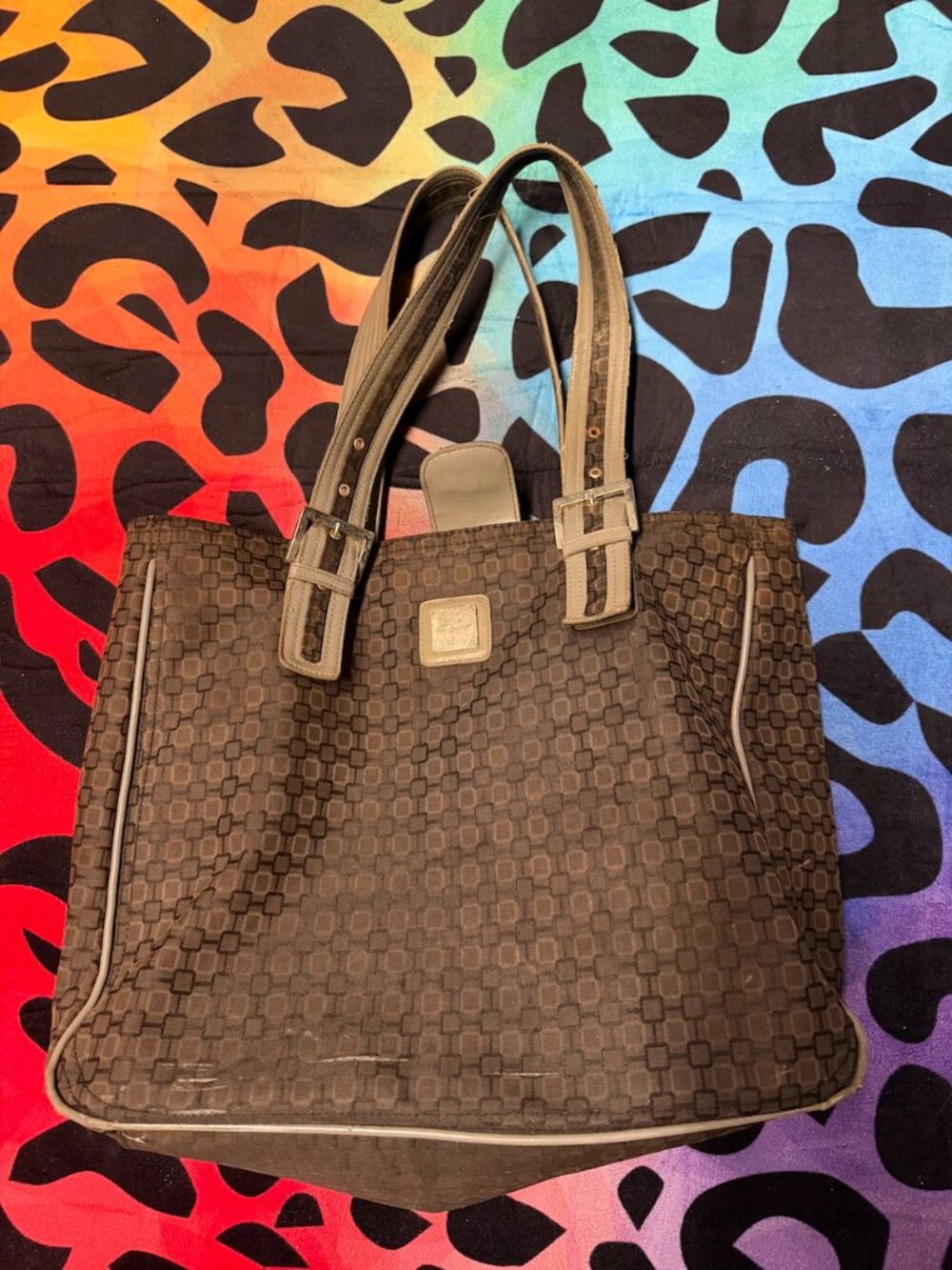 NINE WEST BROWN AND TAN CHECKERED SHOULDER TOTE HANDBAG